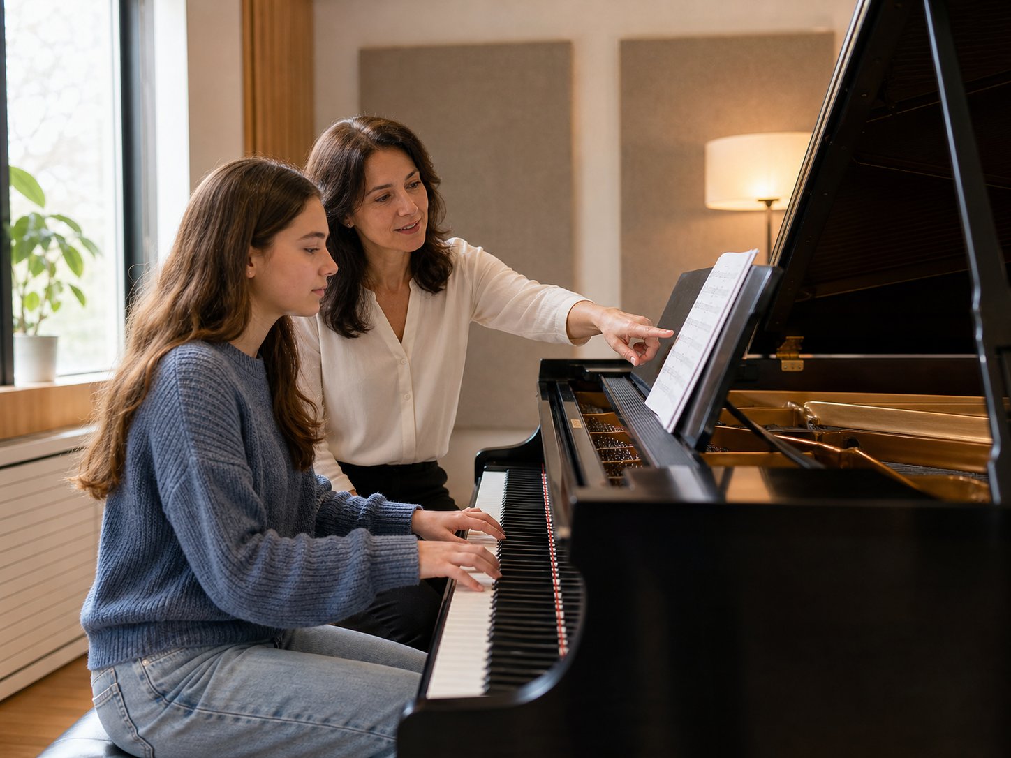 Klavierlehrerin gibt einer Schülerin Klavierunterricht an einem Flügel in München